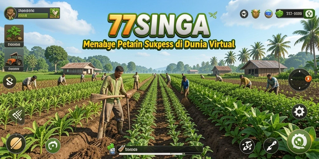 Screenshot gameplay 77SINGA menampilkan ladang yang subur dan hewan peliharaan yang lucu.
