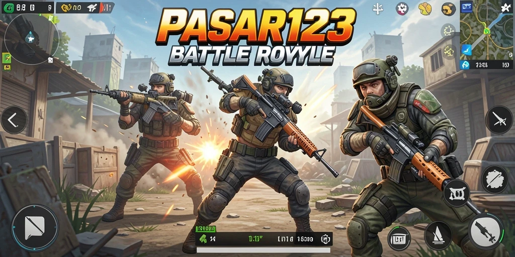 Screenshot utama PASAR123 menampilkan aksi bertarung Battle Royale yang intens.